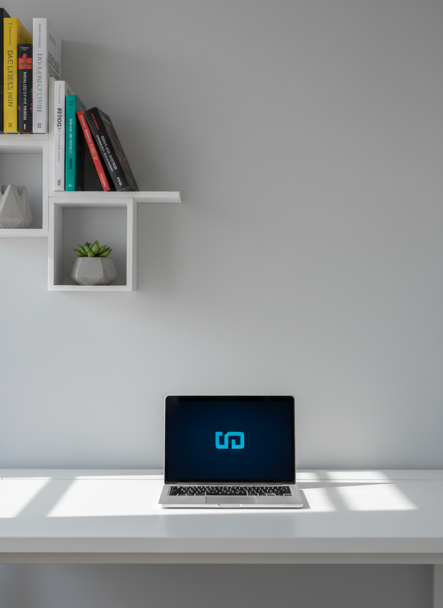 A sophisticated workstation featuring a sleek ultra-thin silver laptop with a minimal, glowing logo on the cover, sitting atop a pristine white desk free of clutter. The desk is set against a soft-grey wall paired with geometric shelving holding neatly stacked design books and a modern potted plant. Natural daylight filters in from an unseen window, producing gentle highlights on the desk and faint, organized shadows that accentuate clean lines. The composition is centered and balanced, photographed at eye level to evoke an organized, professional environment. The mood is calm and focused, with a structured, corporate aesthetic in photographic realism, perfect for a web agency’s landing page.