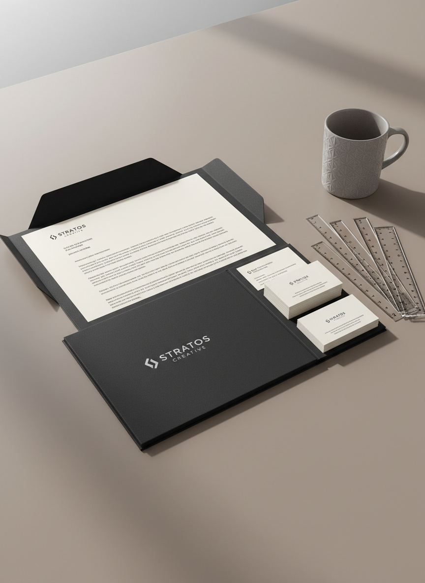 A display of premium visual identity items arranged in harmony: an elegant, matte-black folder with a silver-embossed agency logo rests open to show a branded letterhead and streamlined business cards with clean sans-serif typography. The background is a soft, taupe tabletop with smooth texture, accented by an orderly set of clear acrylic rulers and a muted grey mug. Subtle, natural daylight from the left creates a serene atmosphere and sleek reflective details. Photographed from a slight angle for dimensionality, the mood is polished yet approachable, emphasizing structured layout and corporate professionalism relevant to high-level branding services.