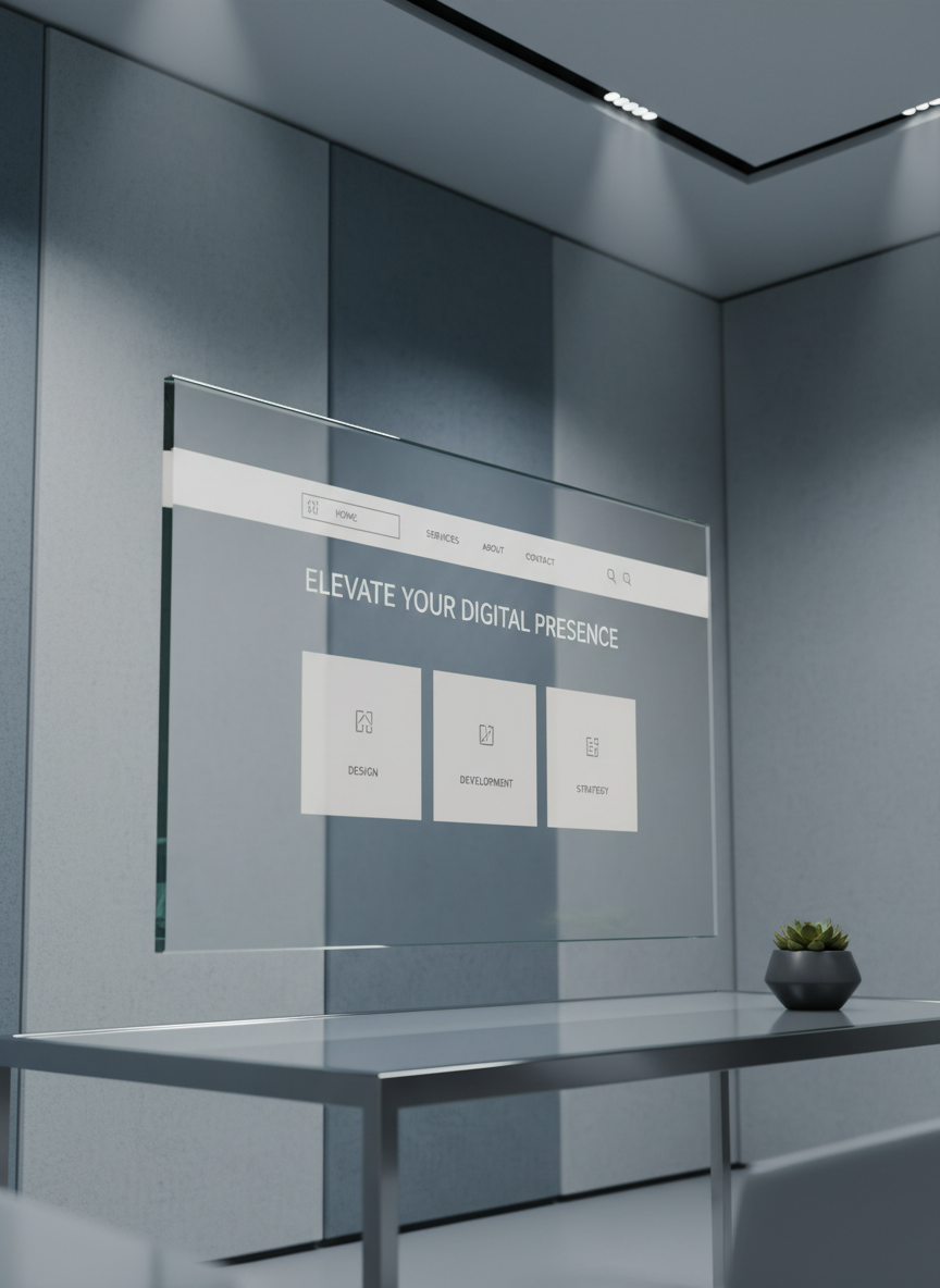 A visually striking composition of a website projected digitally onto a floating, frameless glass display with razor-sharp edges, hovering above a flawless chrome tabletop. The design features a minimalist homepage in neutral tones, with crisp navigation bars and understated iconography. The environment is a high-tech, softly lit space with symmetrical wall panels and a single, low-profile succulent adding a touch of organic contrast. Precision-tuned ceiling spotlights create delicate highlights on the glass, maintaining clarity without glare. Captured from a low, slightly off-center perspective, this image embodies innovation, clarity, and elevated corporate design—polished for a web agency’s cutting edge portfolio.
