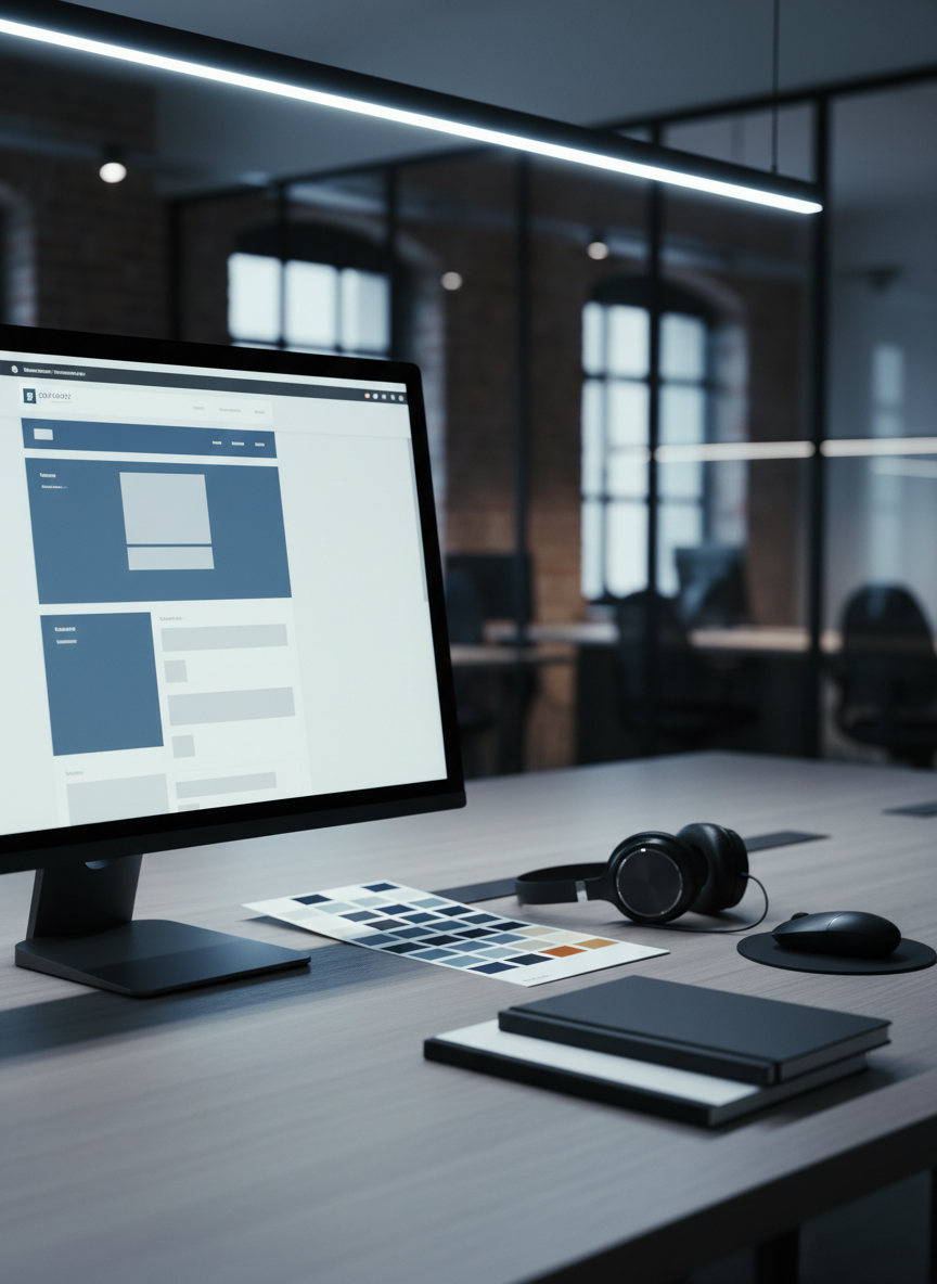 A contemporary workspace vignette showcasing a large, ultra-high-definition computer monitor displaying a clean wireframe of a homepage design, alongside color swatches and a set of high-end wireless accessories. The monitor rests on a muted ash wood desk, with a trio of monochrome notebooks artfully stacked nearby. Cool, indirect overhead lighting ensures details pop while eliminating harsh contrasts, emphasizing the precision and balance of the workspace. The composition uses the rule of thirds for visual interest, capturing the environment with sharp focus to reflect innovation and technical expertise within a web agency context, styled in photographic realism.