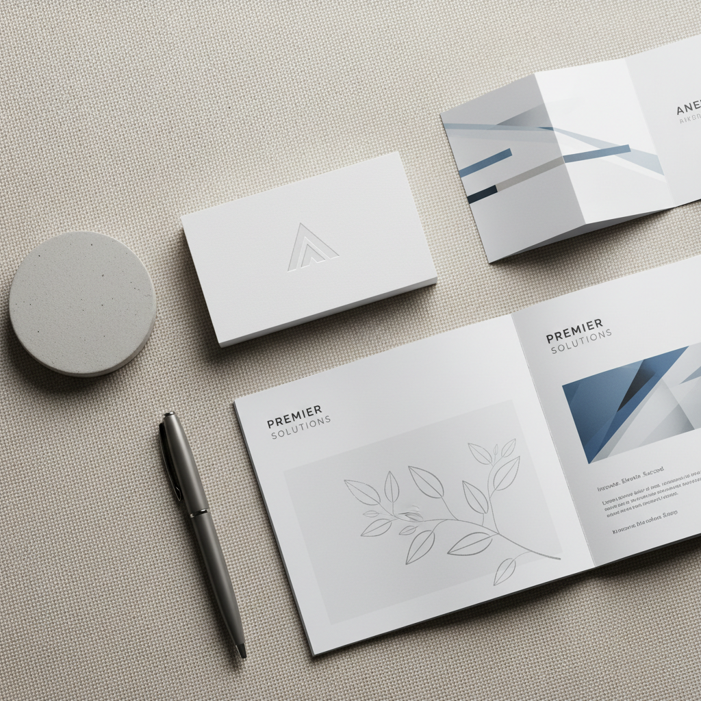 A flatlay of meticulously arranged printed branding materials: a crisp white business card with an embossed minimalist logo, a folded matte-finish flyer, and a rectangular brochure featuring delicate silver foiling details. These items rest on a neutral-toned textured canvas surface, beside a polished, graphite-grey pen and a subtle ceramic paperweight. Illuminated by soft, diffuse studio lighting, the materials appear sharp and well-defined, with shadows forming consistent, tidy outlines. Captured with a top-down bird’s eye view, the image conveys a sense of clarity, sophistication, and professionalism—ideal for visualizing corporate identity services in a structured, modern manner.